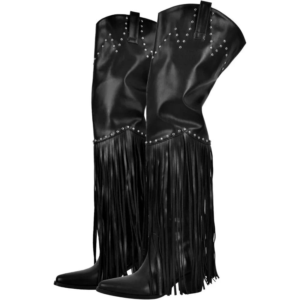 Women Black Synthetic Fringe Thigh High Tassels Wide Calf Over Knee Pointed Boot